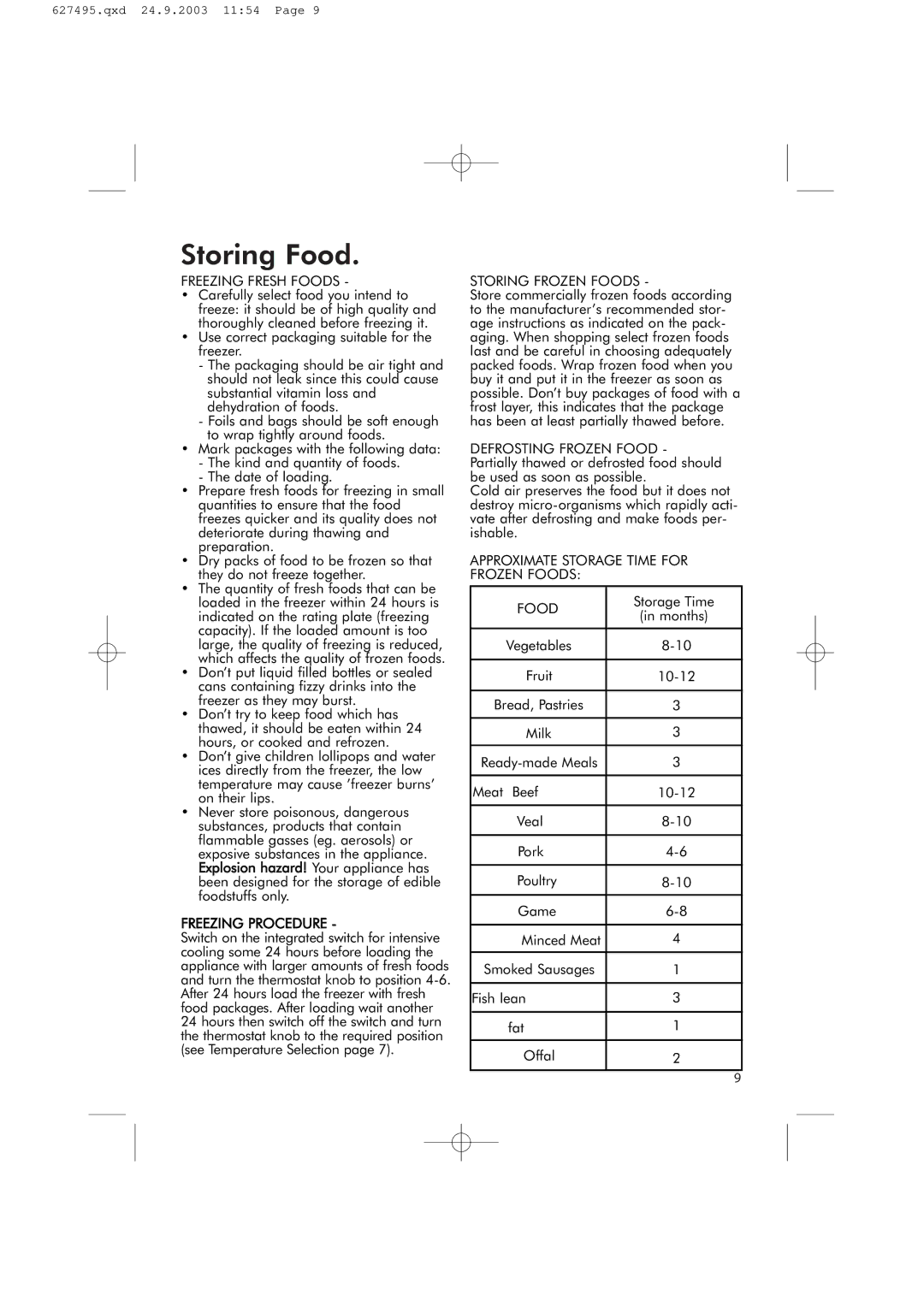 Hotpoint RFR51V manual Freezing Fresh Foods, Freezing Procedure, Storing Frozen Foods, Defrosting Frozen Food 