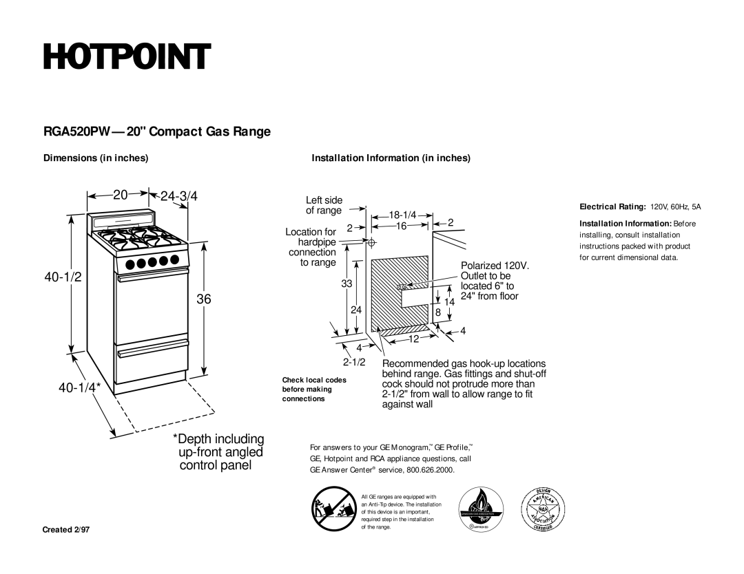 Hotpoint RGA520EW dimensions RGA520PW-20 Compact Gas Range, 20 24-3/4 40-1/2, 40-1/4 