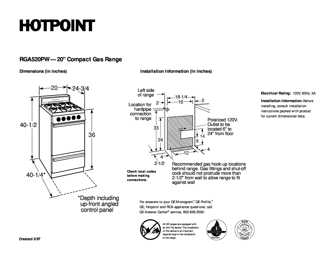 Hotpoint dimensions RGA520PW-20 Compact Gas Range, 20 24-3/4 40-1/2, 40-1/4, Dimensions in inches, Left side of range 