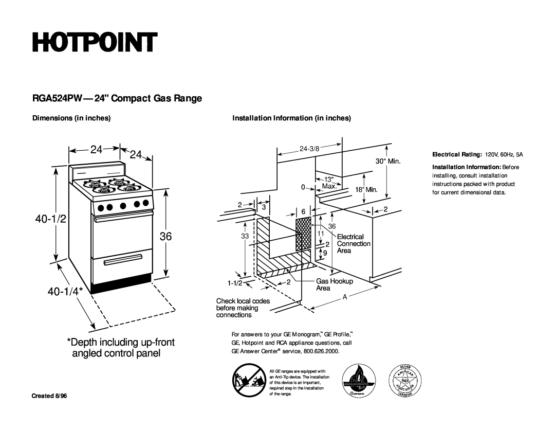 Hotpoint dimensions RGA524PW-24 Compact Gas Range, 40-1/2 40-1/4, 3633, Depth including up-front angled control panel 
