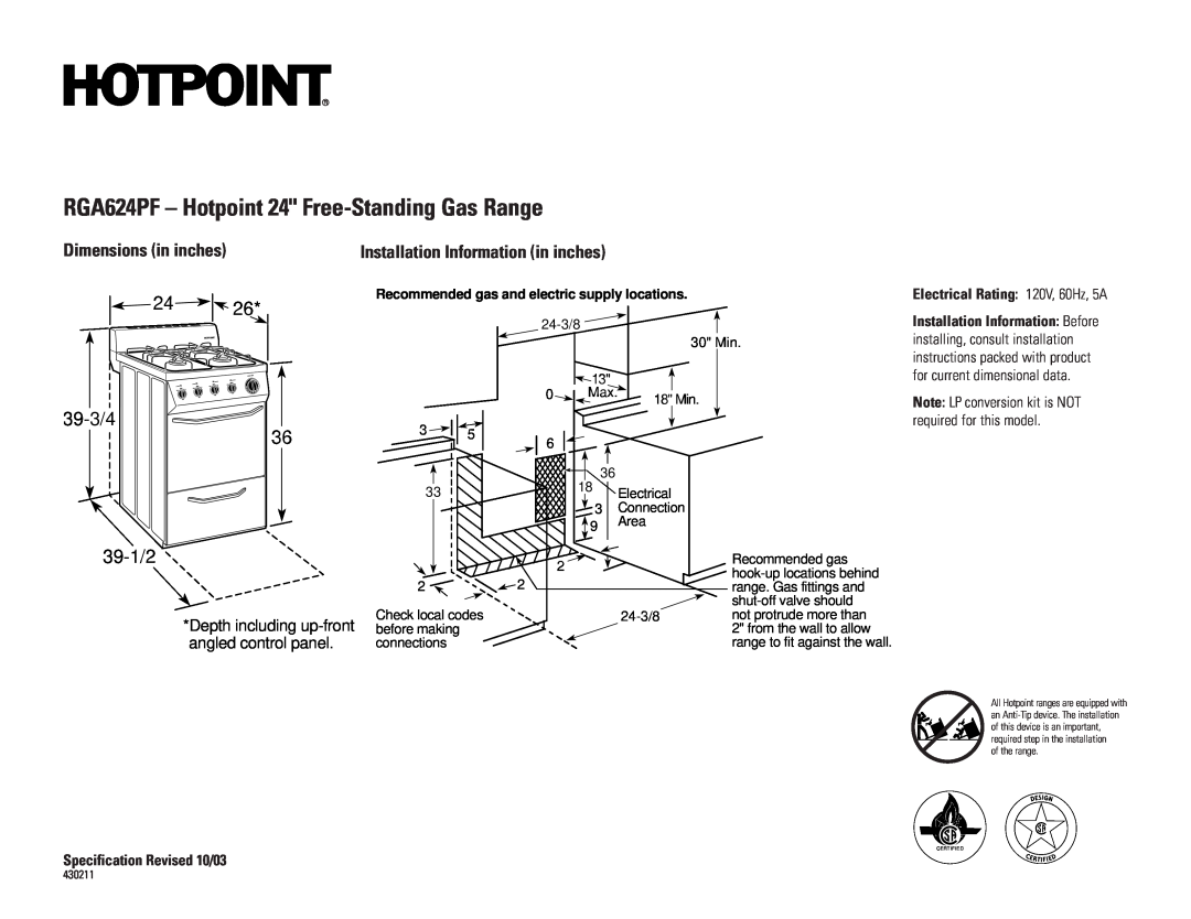 Hotpoint dimensions RGA624PF - Hotpoint 24 Free-StandingGas Range, Dimensions in inches, Specification Revised 10/03 