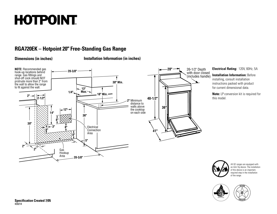 Hotpoint dimensions RGA720EK Hotpoint 20 Free-Standing Gas Range, Dimensions in inches, Specification Created 7/05 