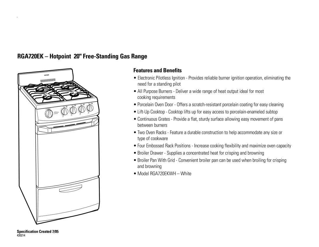 Hotpoint RGA720EK dimensions Features and Benefits, Oven, Off, Temp 