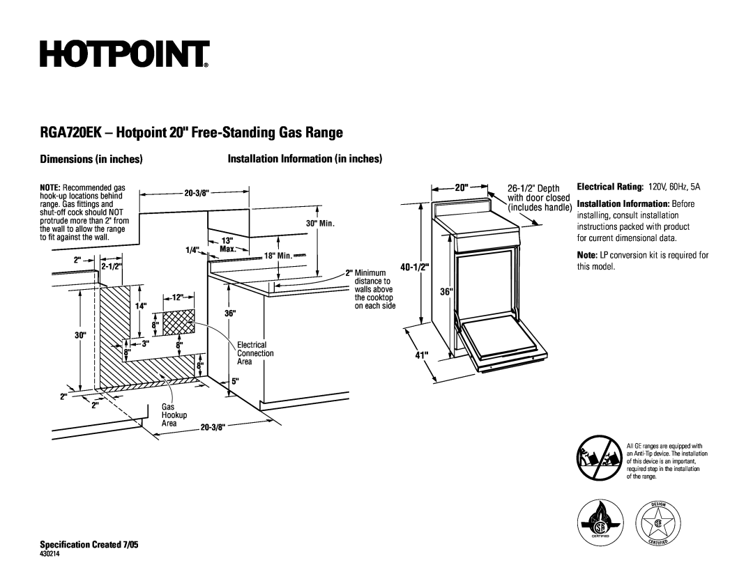 Hotpoint dimensions RGA720EK - Hotpoint 20 Free-StandingGas Range, Dimensions in inches, 20 40-1/2, 30 Min, 18 Min 