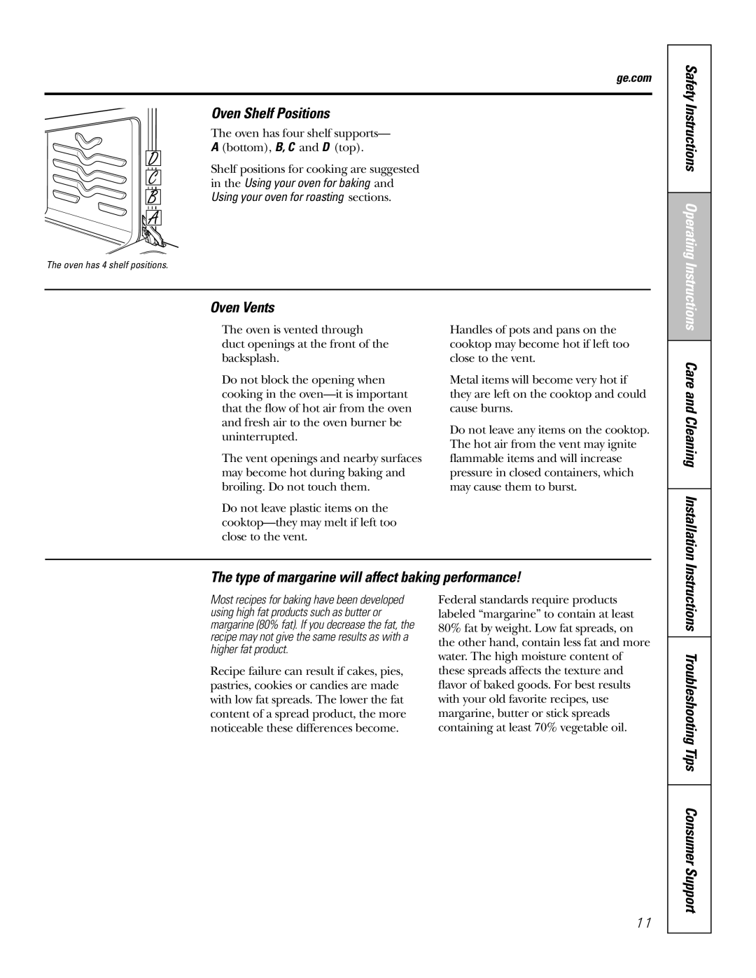 Hotpoint RGA720, RGA724 owner manual Oven Shelf Positions, Oven Vents, Type of margarine will affect baking performance 