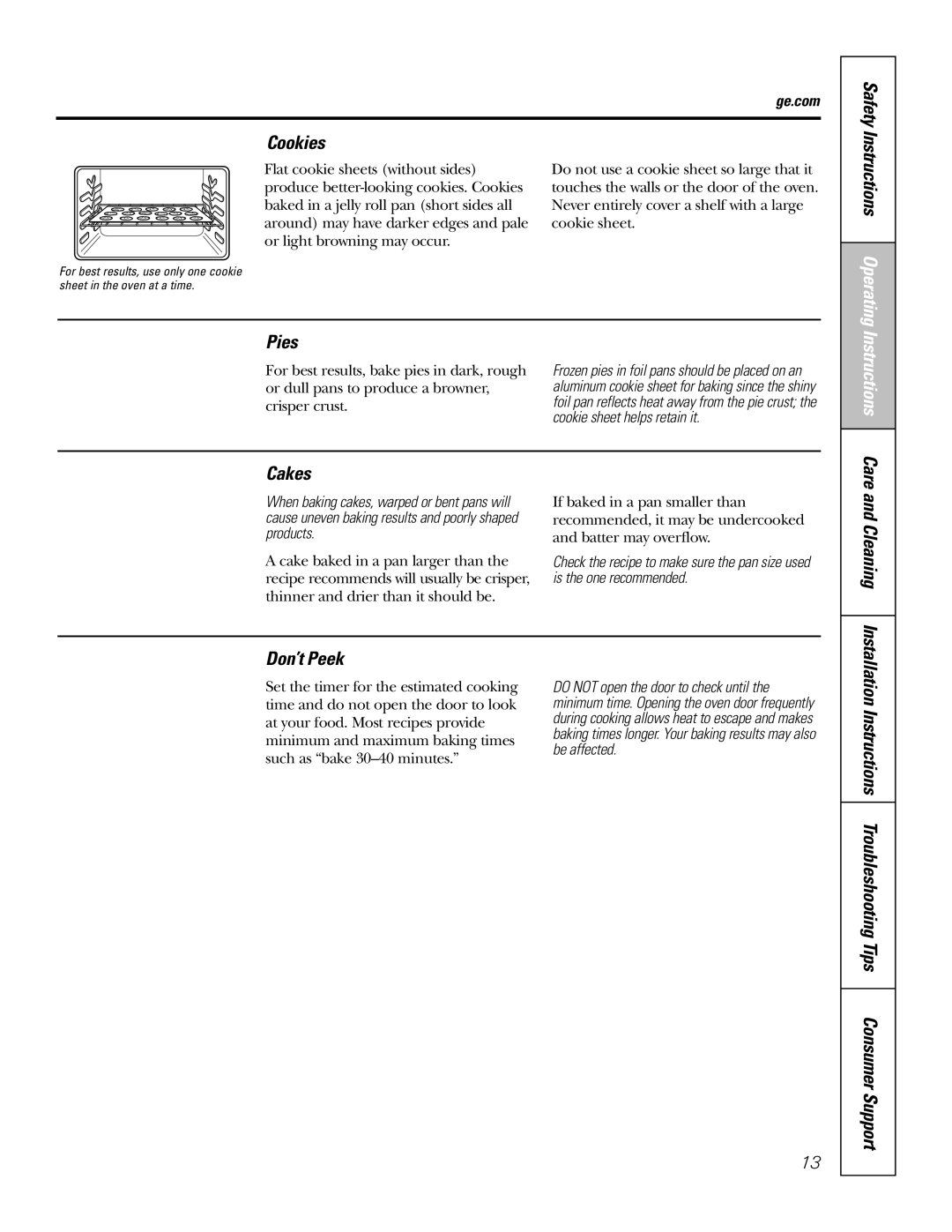 Hotpoint RGA720, RGA724 owner manual Cookies Safety, Pies, Cakes, Care and Cleaning Don’t Peek, Instructions Operating 