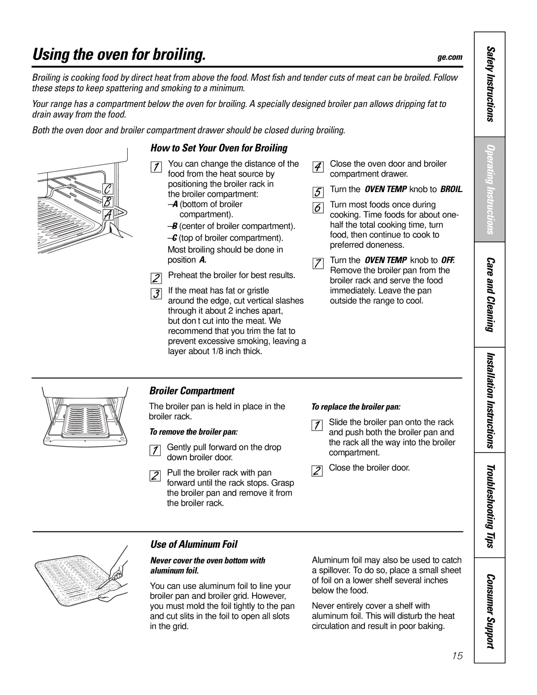 Hotpoint RGA720 Using the oven for broiling, Safety Instructions How to Set Your Oven for Broiling, Broiler Compartment 