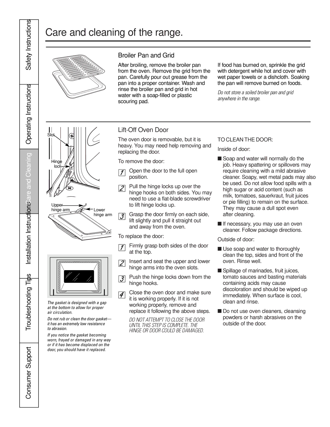 Hotpoint RGA724, RGA720 Instructions Safety Broiler Pan and Grid, Lift-Off Oven Door, To remove the door, Inside of door 