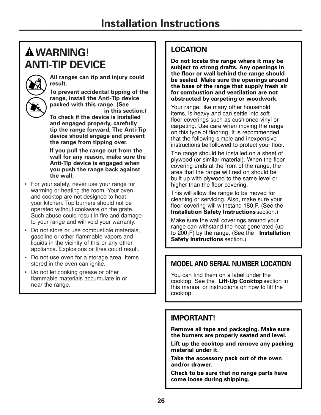 Hotpoint RGA724, RGA720 owner manual ANTI-TIP Device, Location 