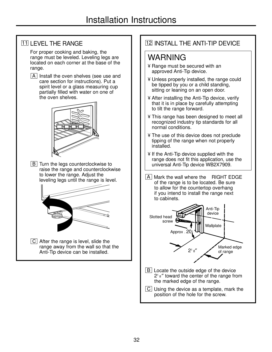 Hotpoint RGA724, RGA720 owner manual Level the Range, Install the ANTI-TIP Device, ⁄ 8 ″ 