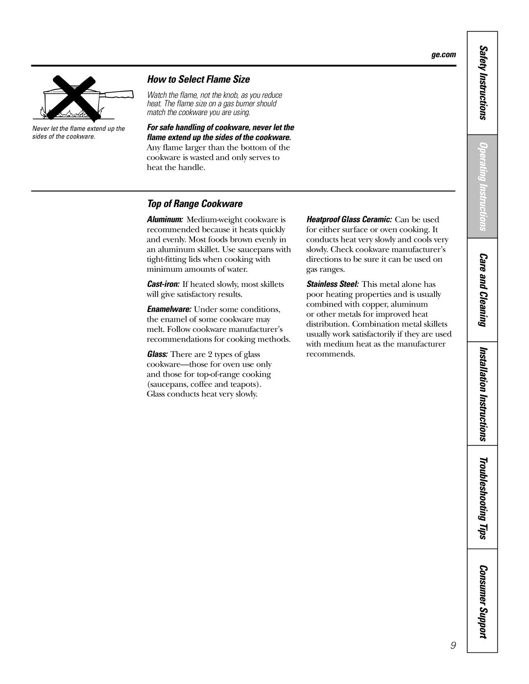 Hotpoint RGA720, RGA724 owner manual How to Select Flame Size, Instructions Operating Top of Range Cookware 