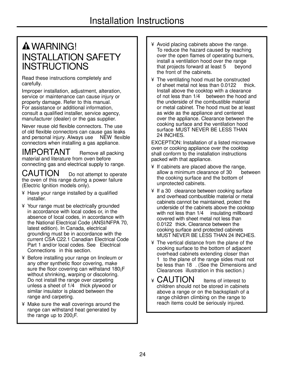 Hotpoint RGA724, RGA720 owner manual Installation Safety Instructions 