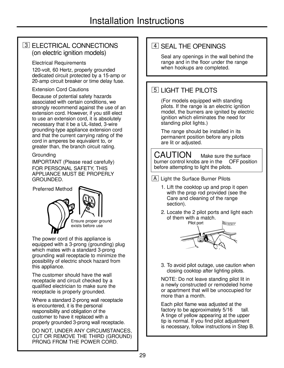 Hotpoint RGA720, RGA724 owner manual Seal the Openings, Light the Pilots 