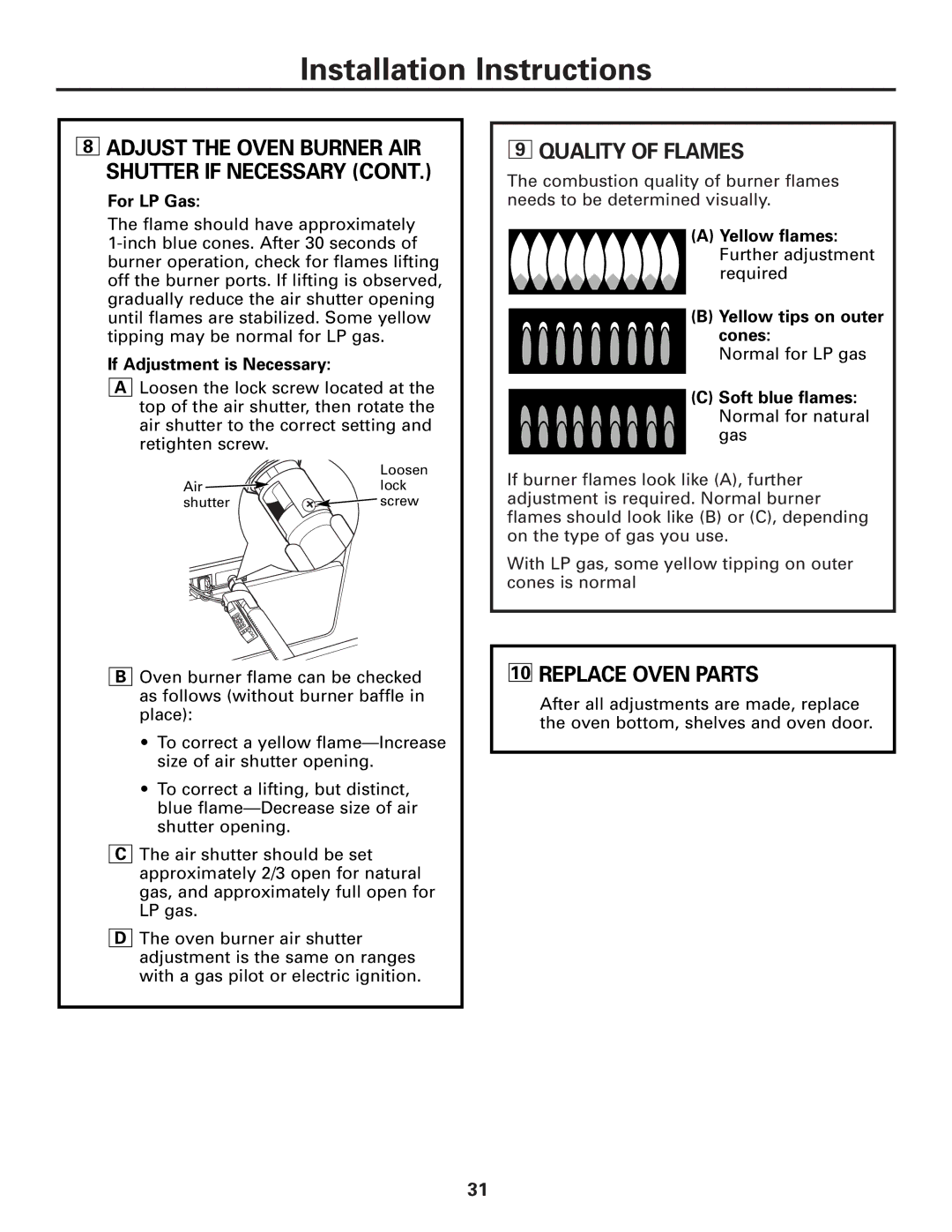 Hotpoint RGA720 Quality of Flames, Replace Oven Parts, For LP Gas, If Adjustment is Necessary, Yellow tips on outer cones 