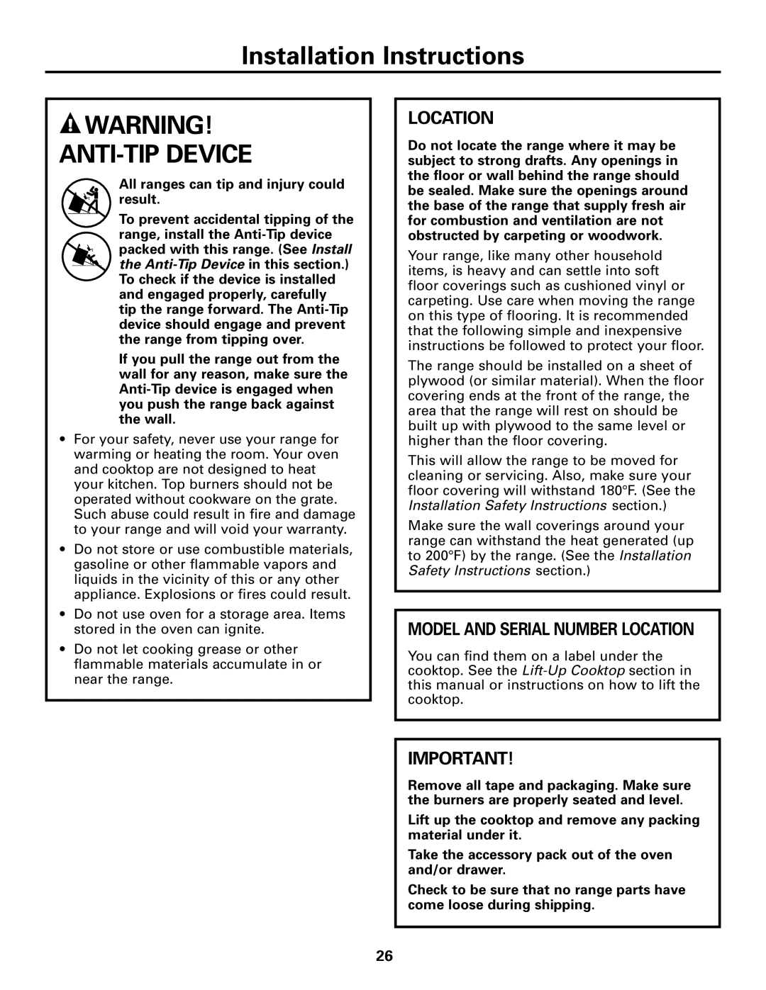 Hotpoint RGA724, RGA720 owner manual Anti-Tipdevice, Model And Serial Number Location, Installation Instructions 