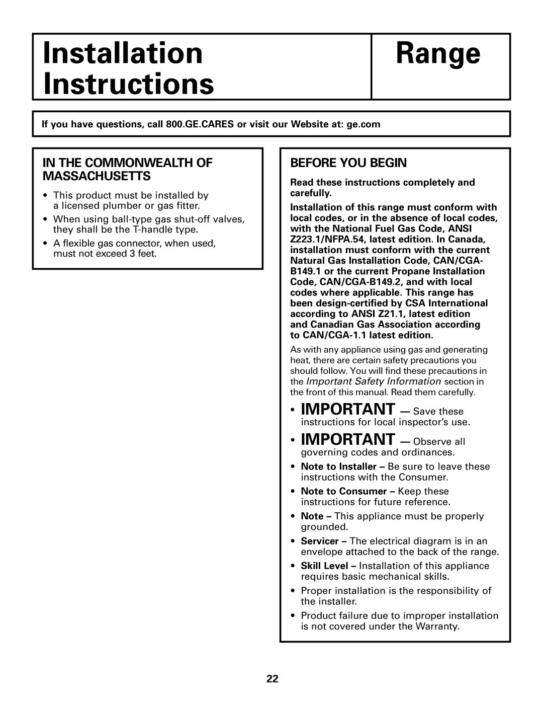 Hotpoint RGA724 IMPORTANT - Save these, In The Commonwealth Of Massachusetts, Before You Begin, Installation Instructions 