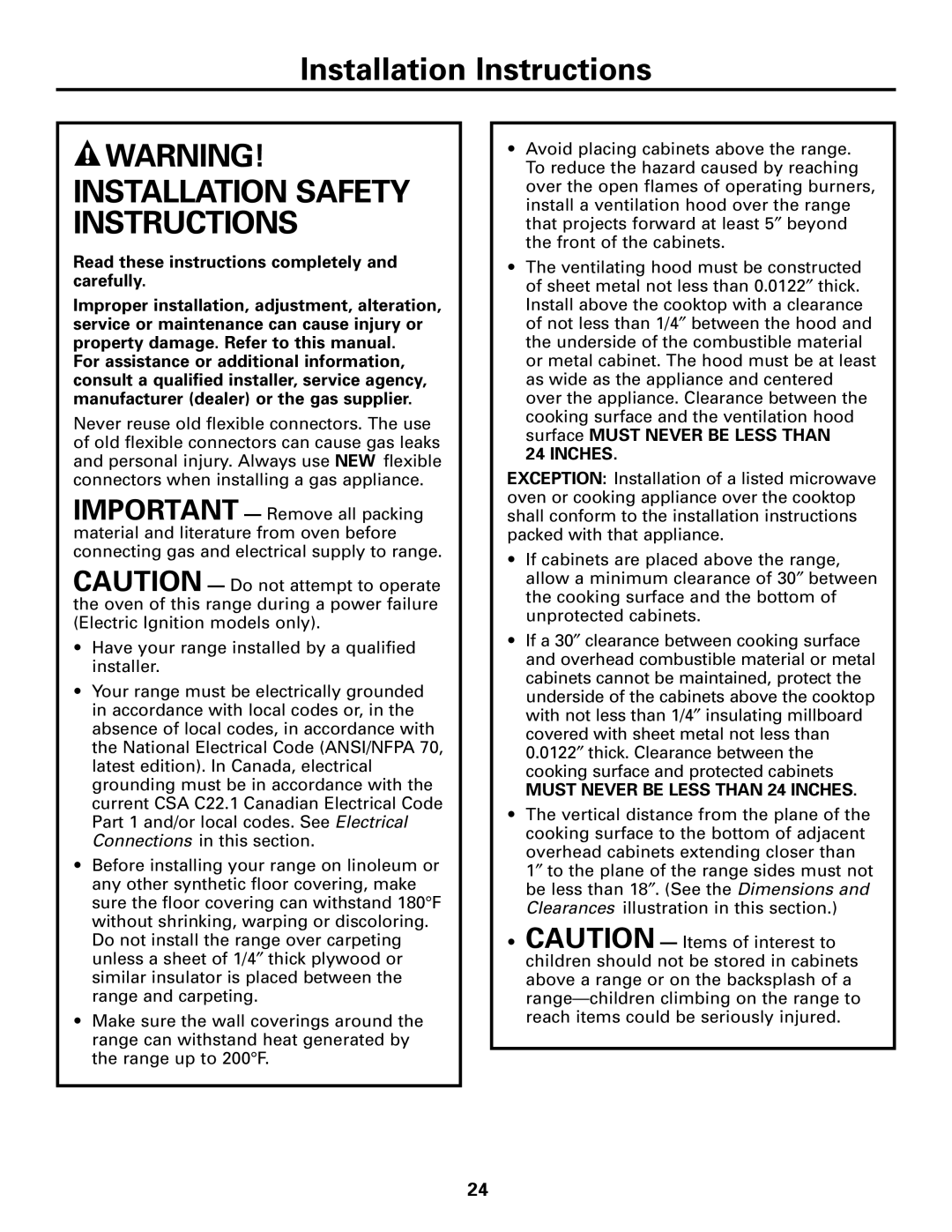 Hotpoint RGA724 Installation Instructions, Installation Safety Instructions, Inches, MUST NEVER BE LESS THAN 24 INCHES 