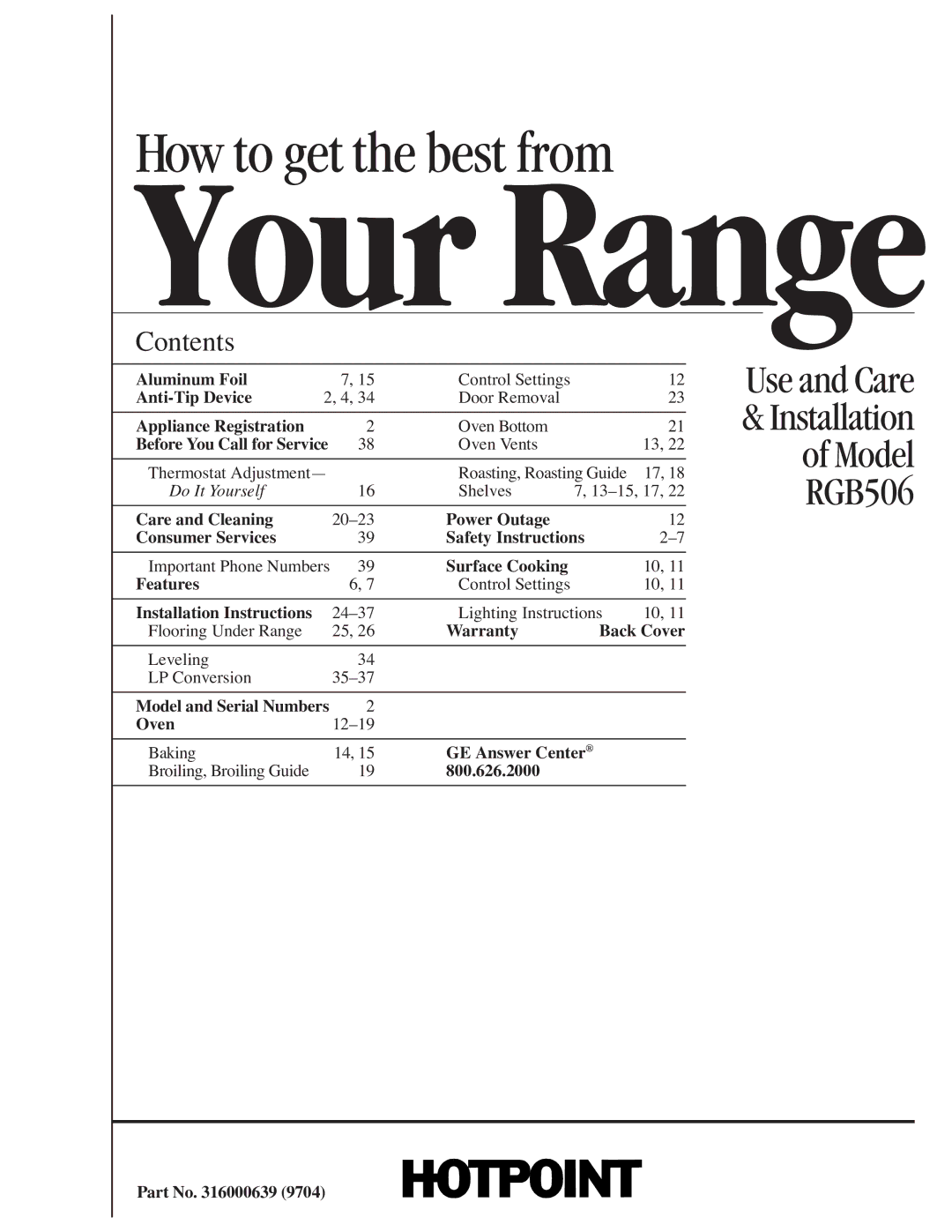 Hotpoint RGB506 installation instructions Your Range 