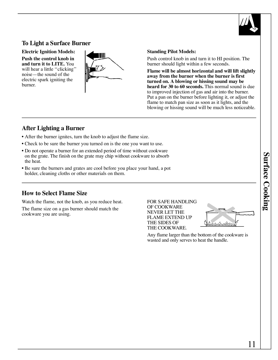 Hotpoint RGB506 Cooking, To Light a Surface Burner, After Lighting a Burner, How to Select Flame Size 