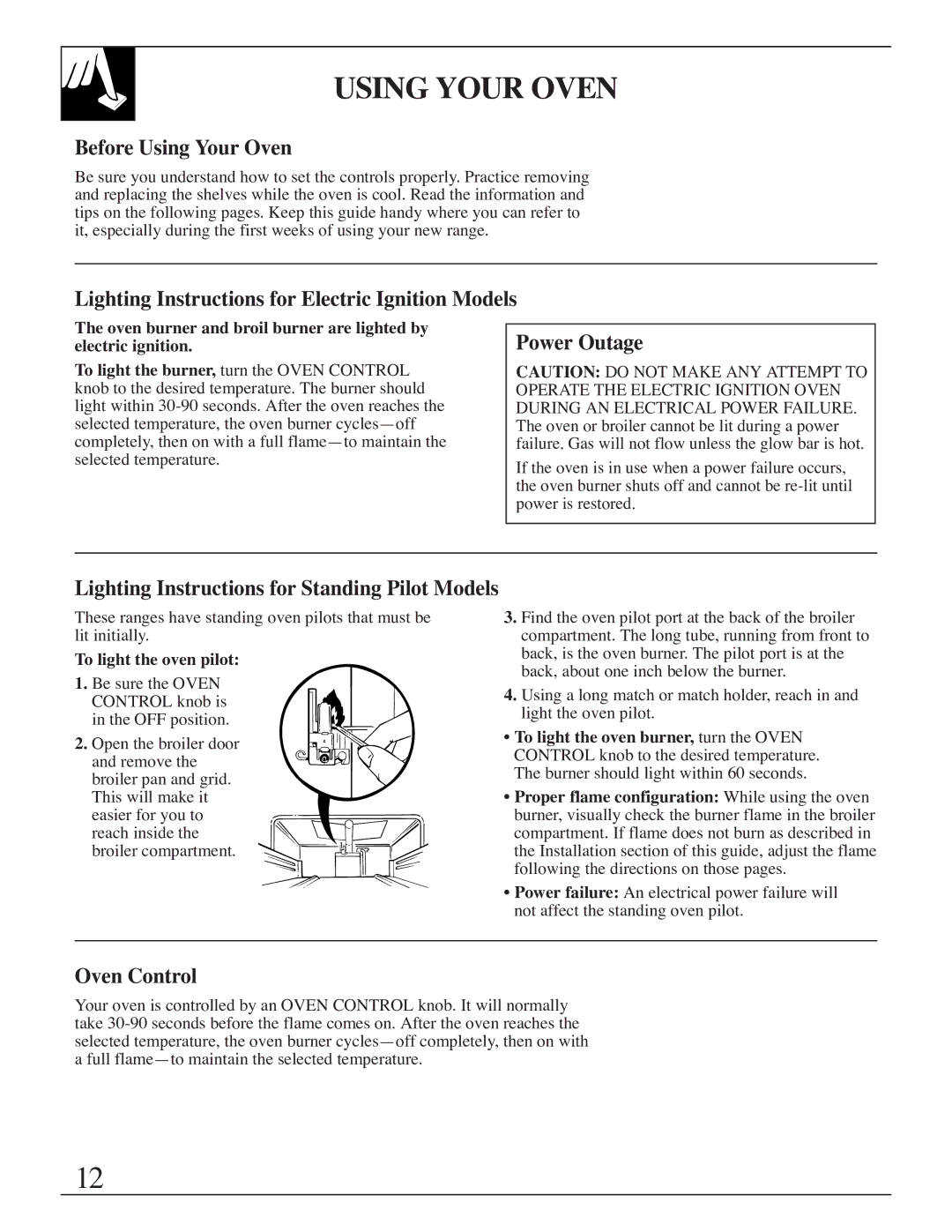 Hotpoint RGB506 Before Using Your Oven, Power Outage, Lighting Instructions for Standing Pilot Models, Oven Control 