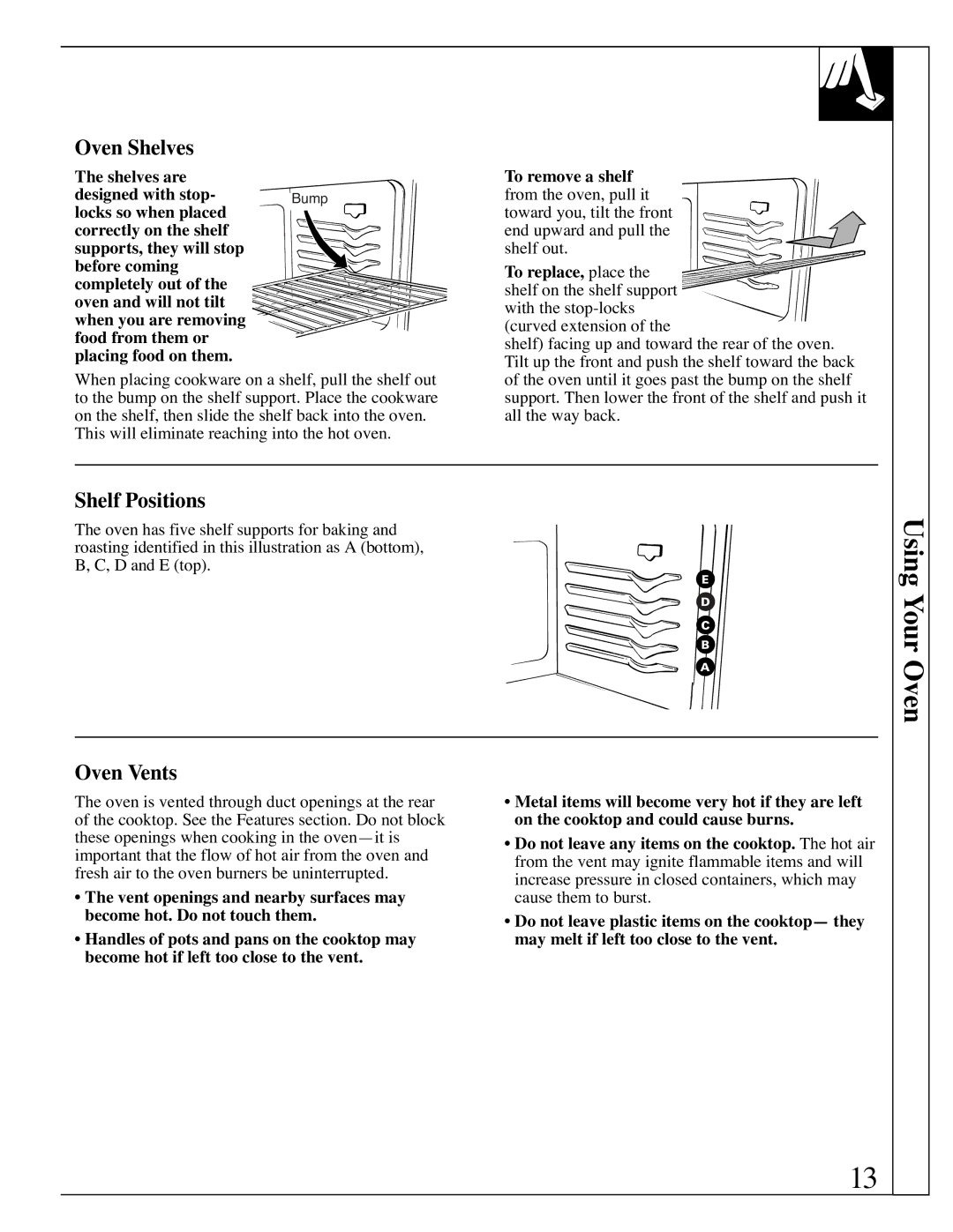 Hotpoint RGB506 installation instructions Using Your Oven, Oven Shelves, Shelf Positions, Oven Vents 