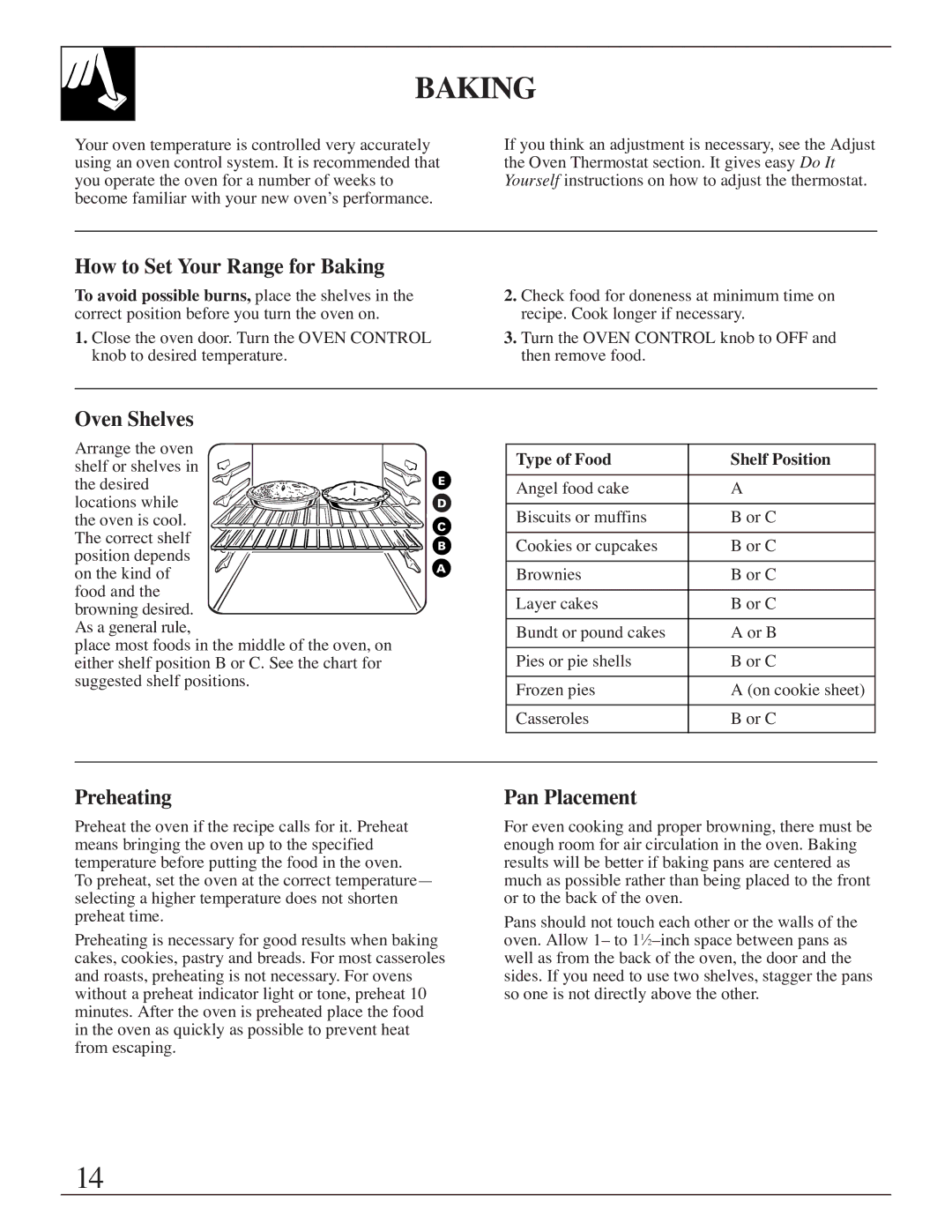 Hotpoint RGB506 How to Set Your Range for Baking, Preheating, Pan Placement, Type of Food Shelf Position 