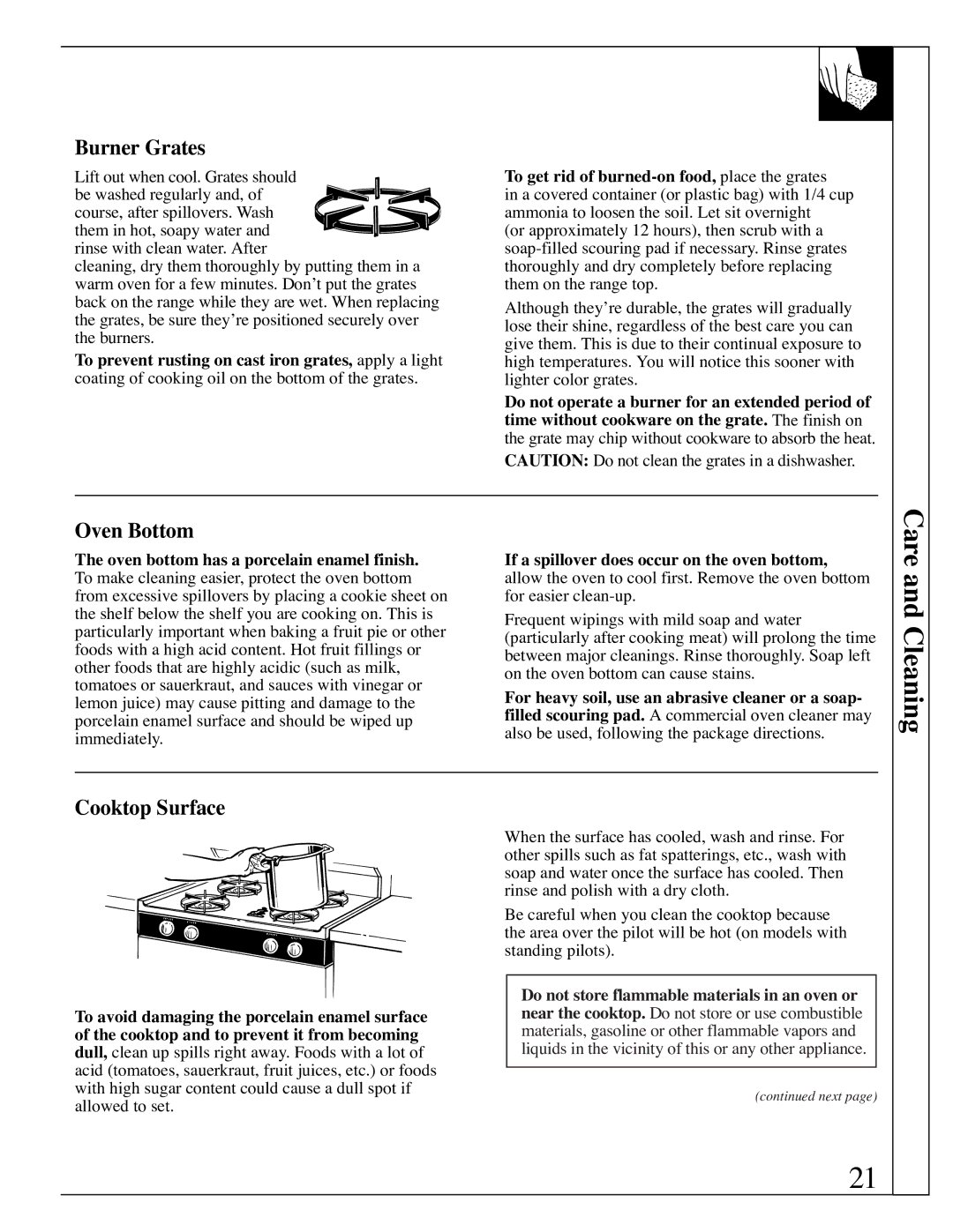 Hotpoint RGB506 installation instructions Care and Cleaning, Burner Grates, Oven Bottom, Cooktop Surface 