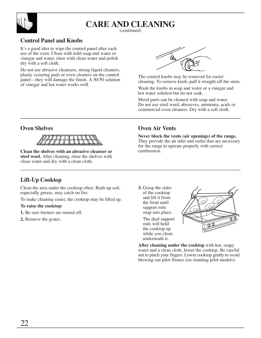 Hotpoint RGB506 installation instructions Control Panel and Knobs, Oven Air Vents, Lift-Up Cooktop, To raise the cooktop 