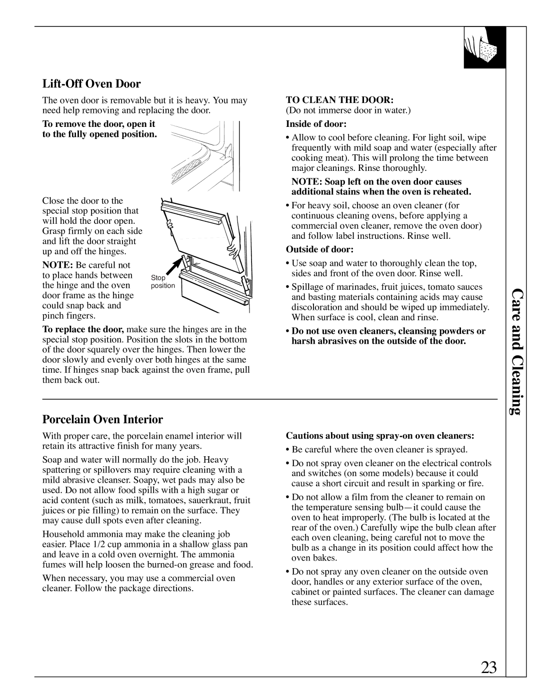 Hotpoint RGB506 installation instructions Lift-Off Oven Door, Porcelain Oven Interior, Outside of door 