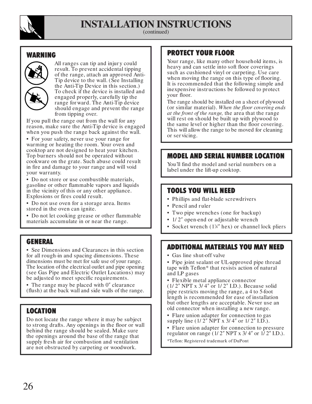 Hotpoint RGB506 installation instructions Protect Your Floor 