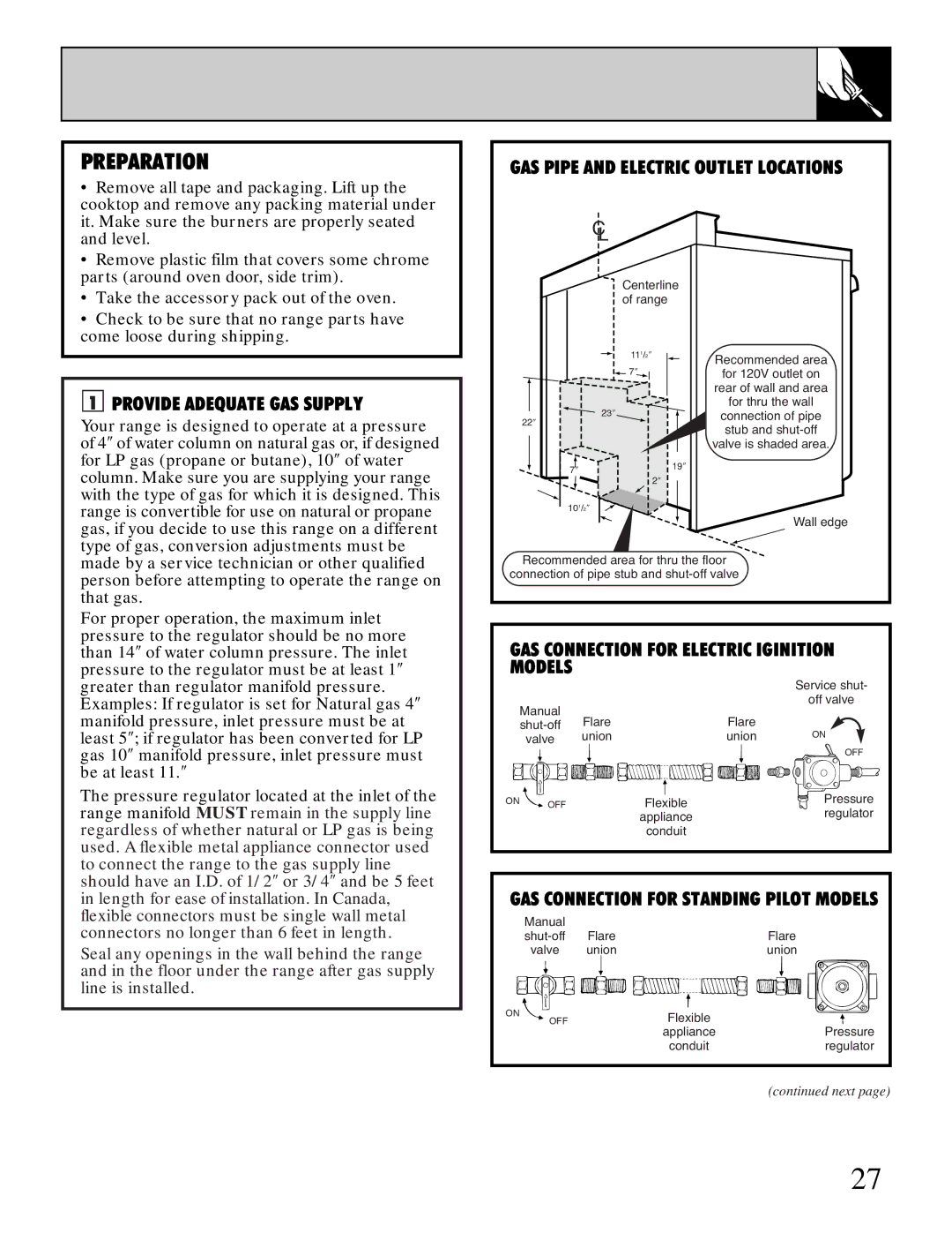 Hotpoint RGB506 installation instructions Provide Adequate GAS Supply, GAS Connection for Electric Iginition Models 