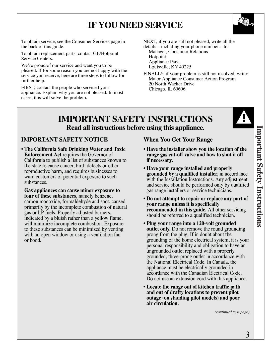 Hotpoint RGB506 installation instructions If YOU Need Service, Important Safety Instructions, When You Get Your Range 