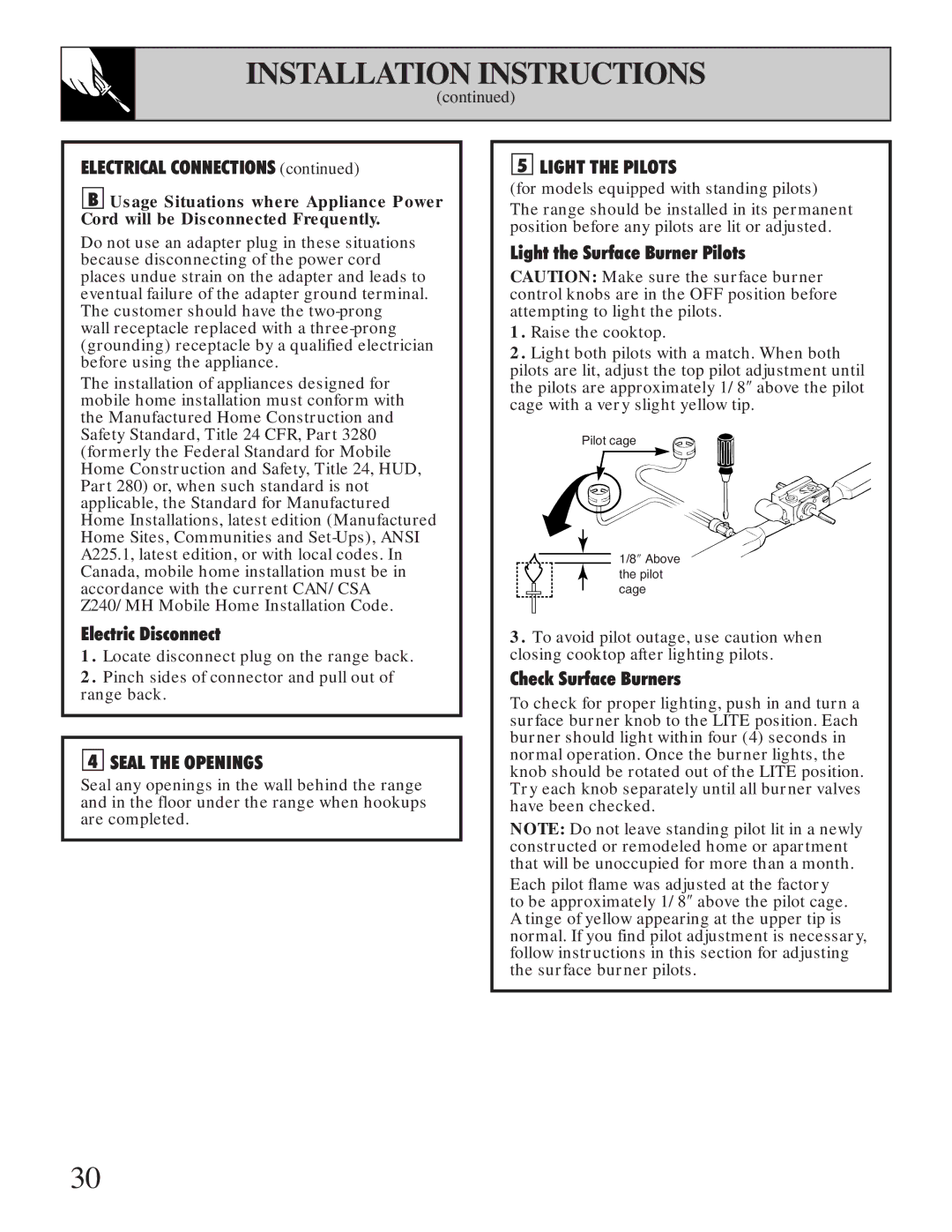 Hotpoint RGB506 installation instructions Seal the Openings, Light the Pilots 