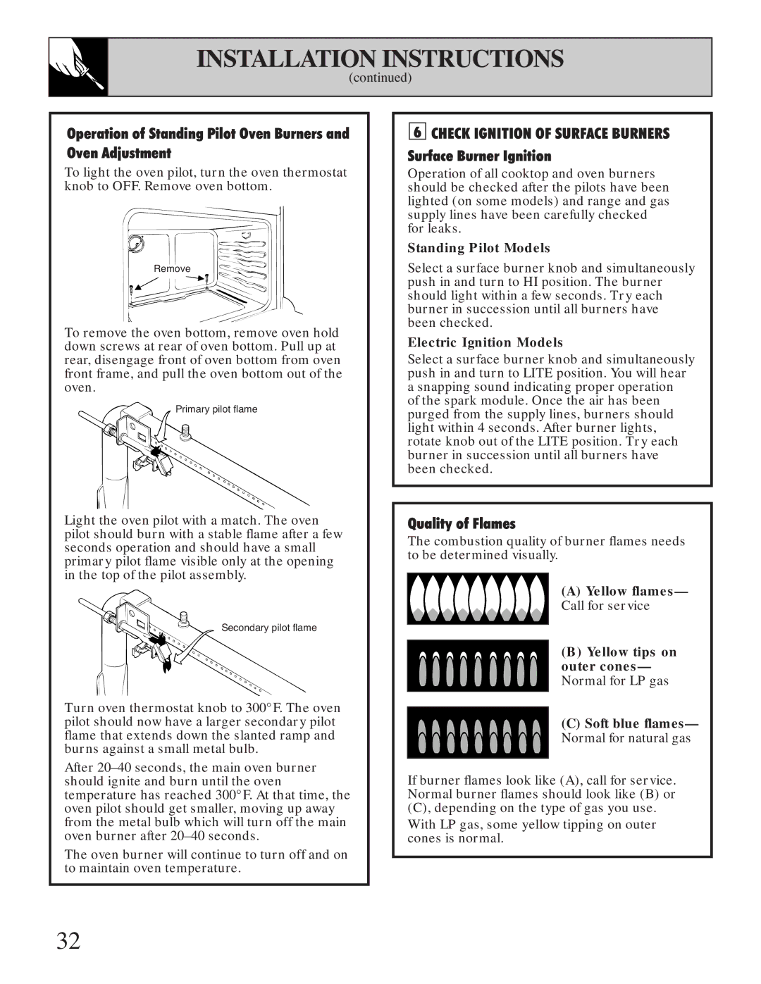 Hotpoint RGB506 installation instructions Check Ignition of Surface Burners, Electric Ignition Models, Yellow flames 