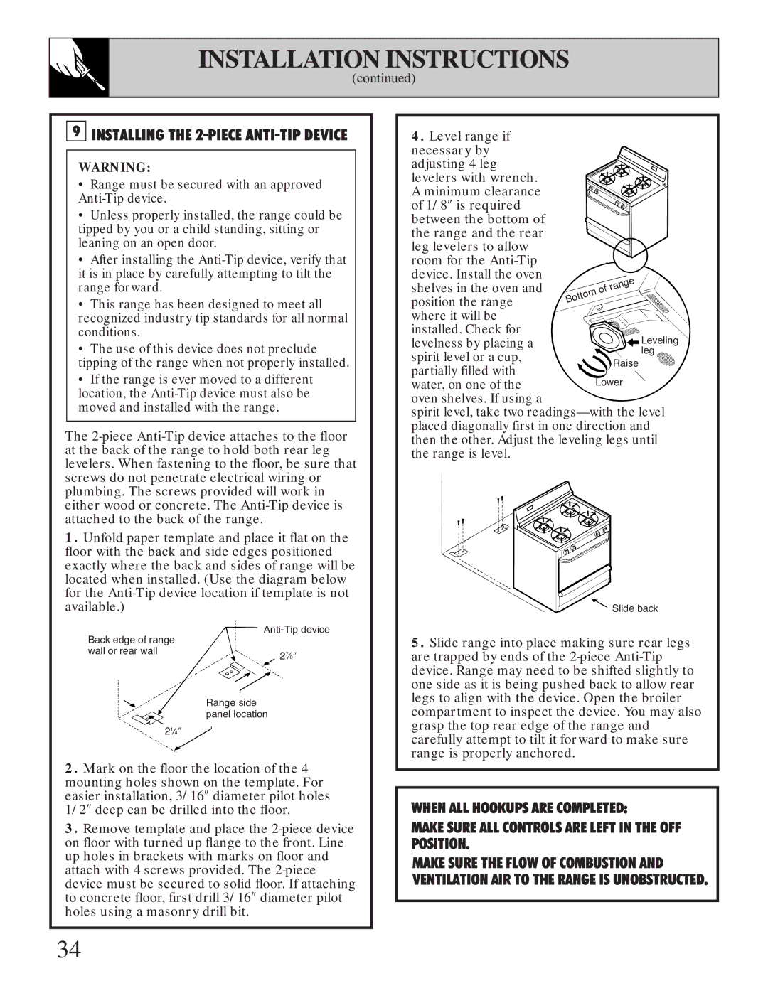 Hotpoint RGB506 installation instructions Installing the 2-PIECE ANTI-TIP Device 