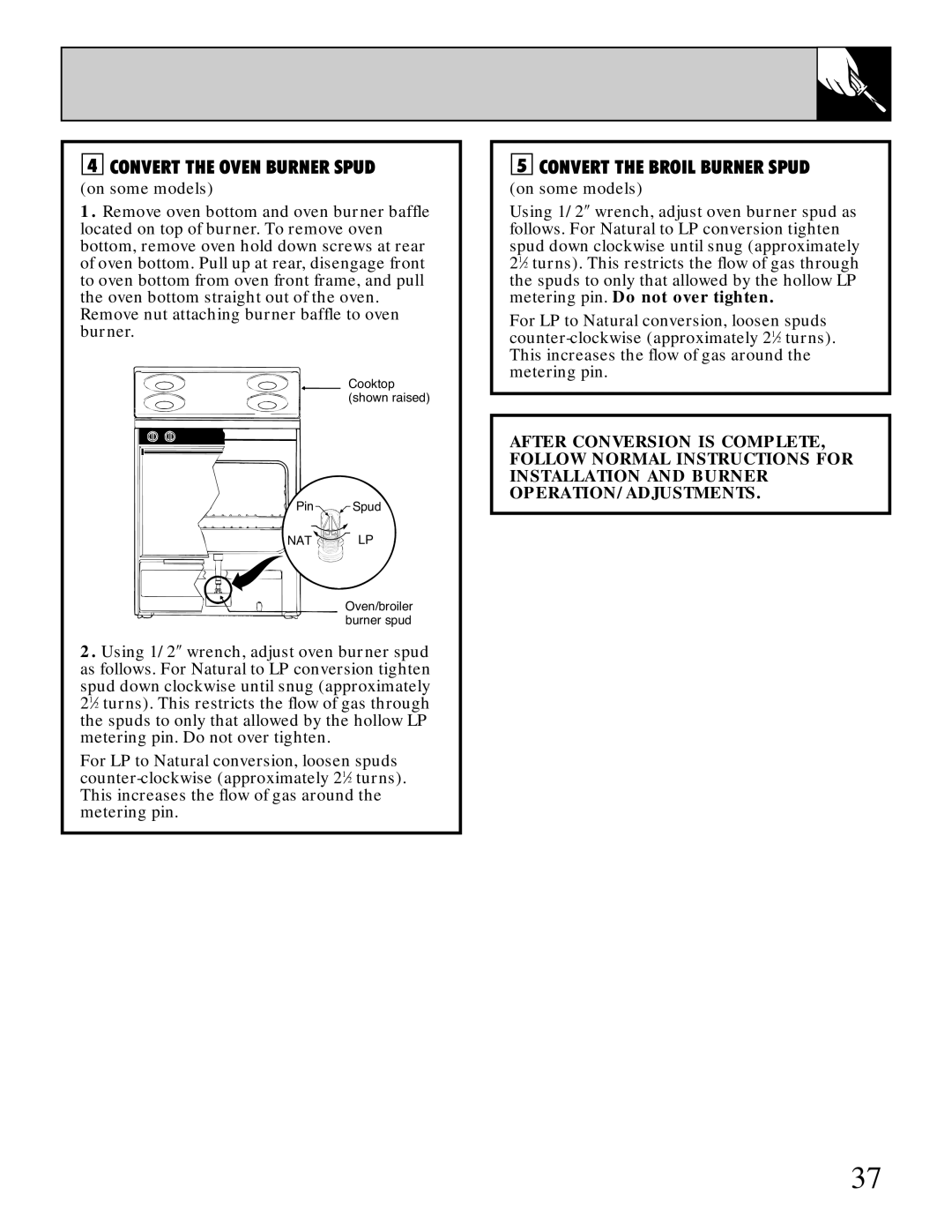 Hotpoint RGB506 installation instructions Convert the Oven Burner Spud, Convert the Broil Burner Spud 