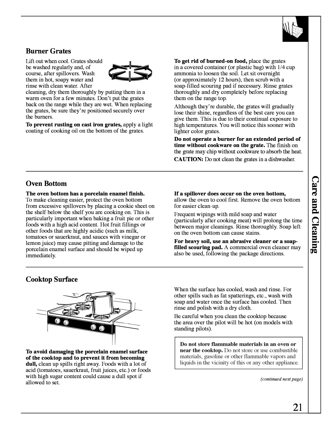 Hotpoint RGB506 installation instructions Care and Cleaning, Burner Grates, Oven Bottom, Cooktop Surface 