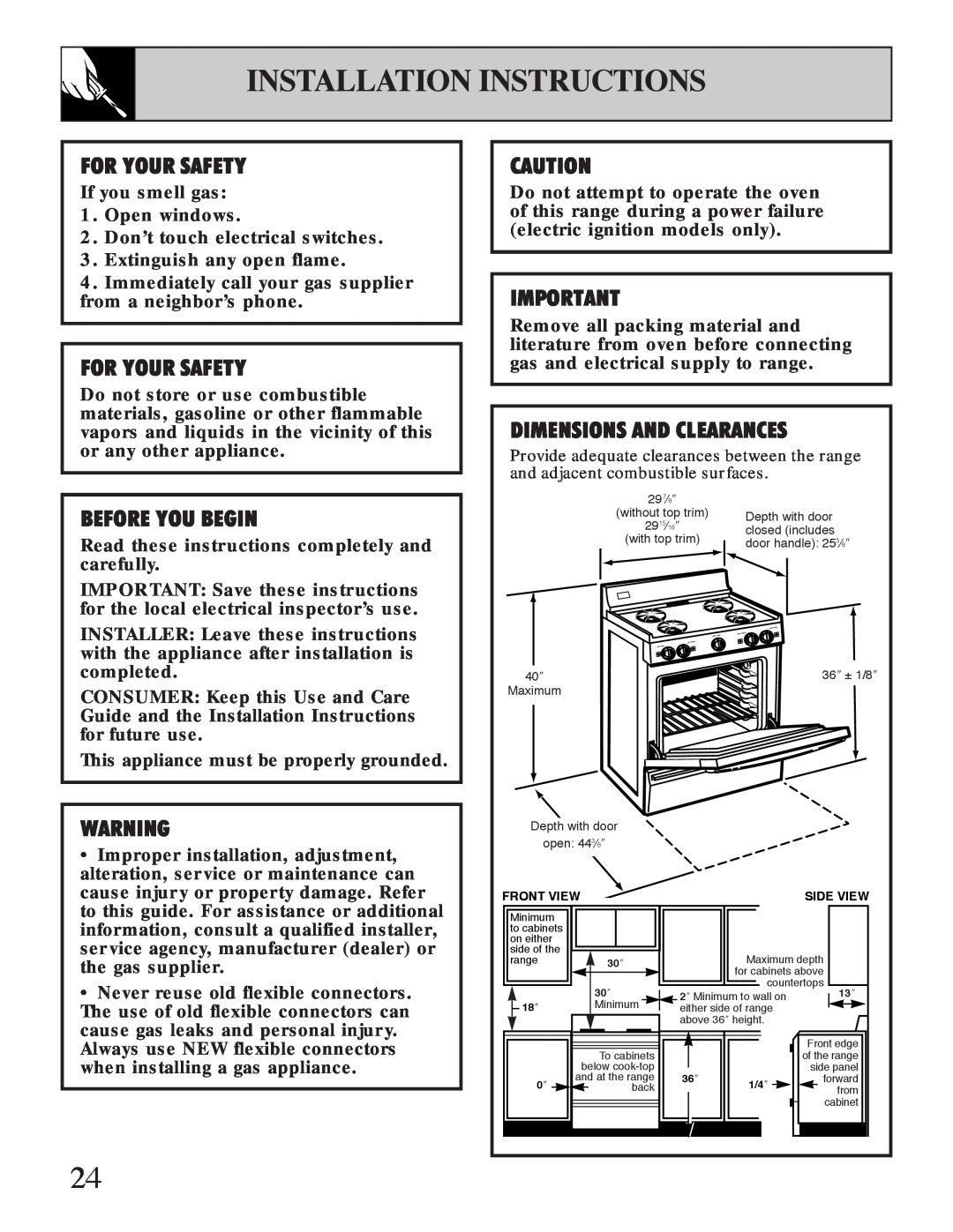 Hotpoint RGB506 Installation Instructions, For Your Safety, Before You Begin, Dimensions And Clearances 