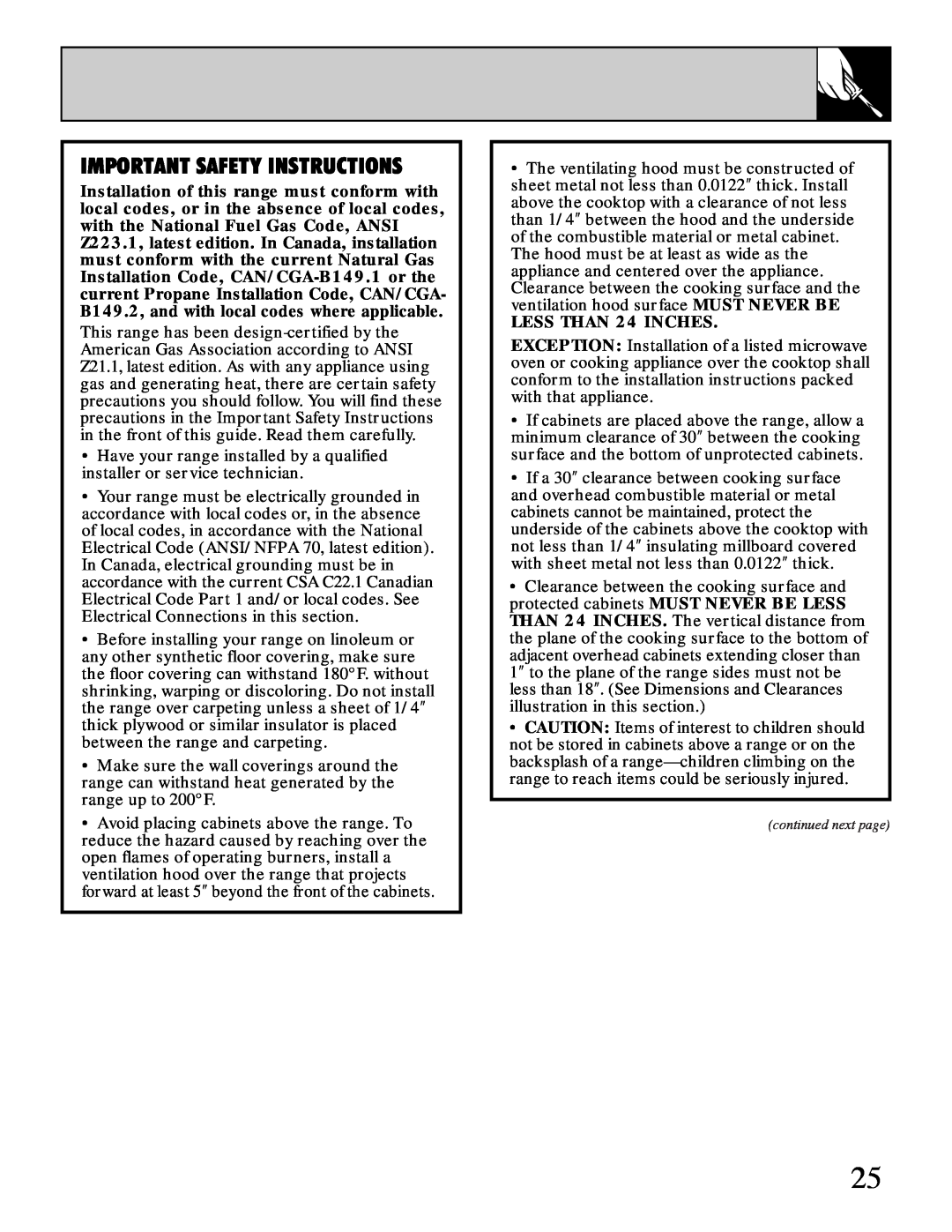 Hotpoint RGB506 installation instructions Important Safety Instructions, LESS THAN 24 INCHES 