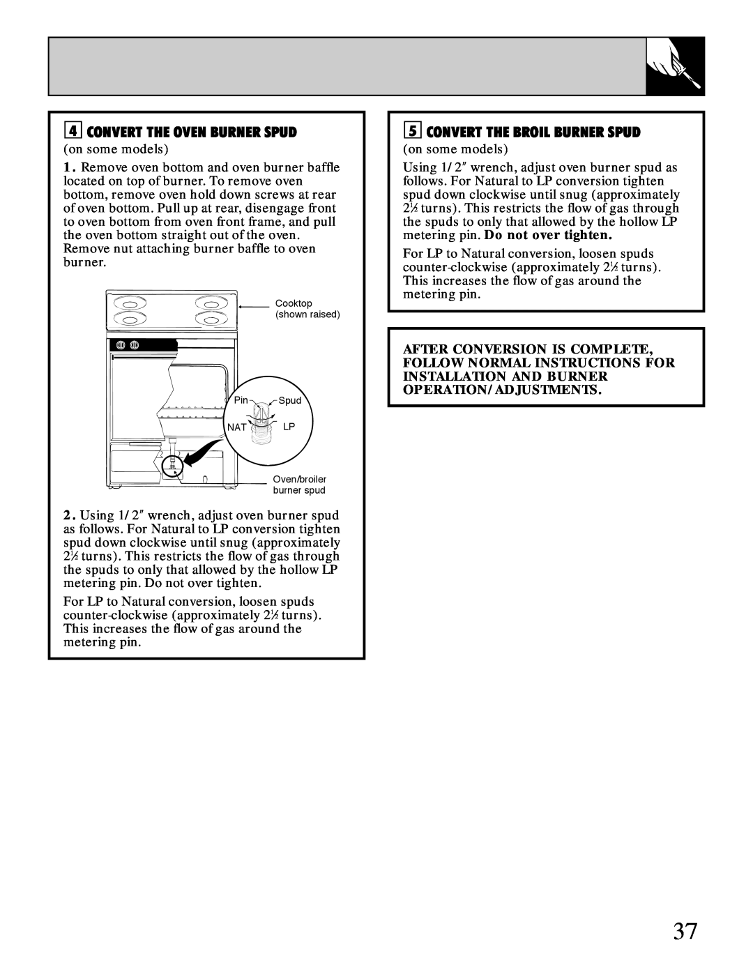 Hotpoint RGB506 installation instructions Convert The Oven Burner Spud, Convert The Broil Burner Spud 
