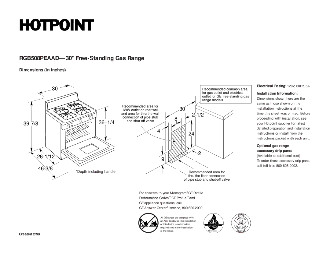 Hotpoint dimensions RGB508PEAAD-30 Free-Standing Gas Range, 39-7/8 26-1/12, 36±1/4, 46-3/8 