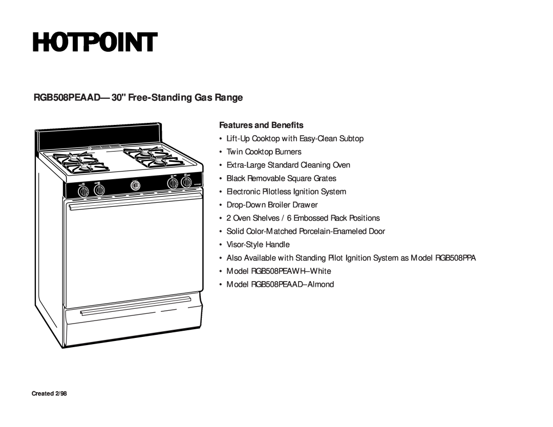 Hotpoint dimensions RGB508PEAAD-30 Free-StandingGas Range, Features and Benefits 