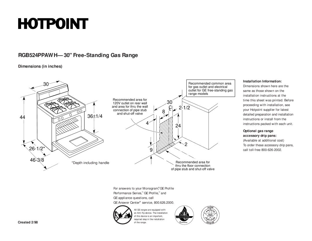 Hotpoint dimensions RGB524PPAWH-30 Free-Standing Gas Range, 26-1/2 36±1/4, 46-3/8, Dimensions in inches 