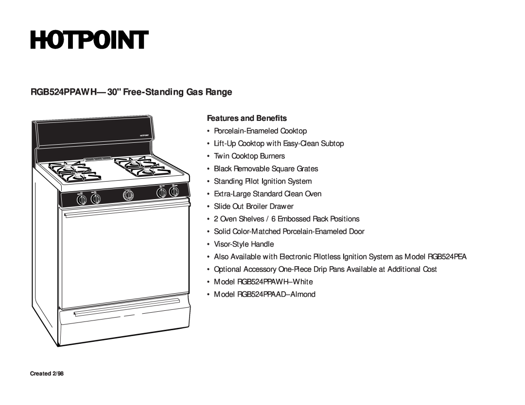 Hotpoint dimensions RGB524PPAWH-30 Free-StandingGas Range, Features and Benefits 