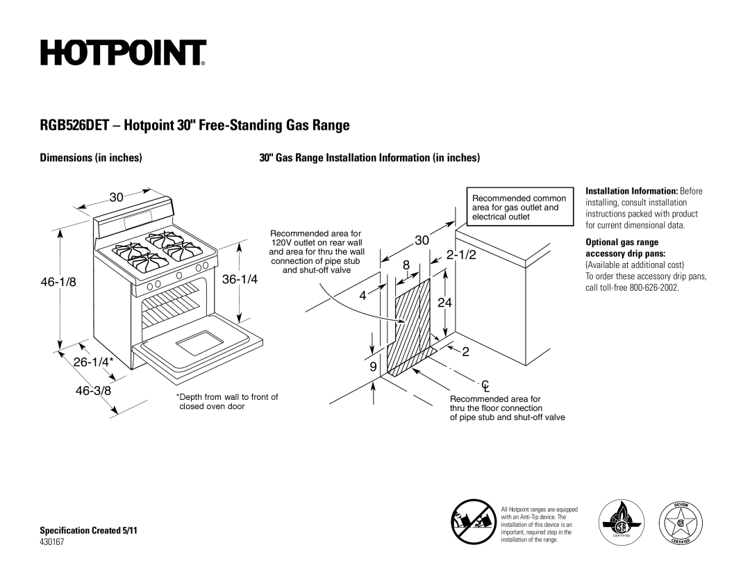 Hotpoint installation instructions RGB526DET Hotpoint 30 Free-Standing Gas Range, 46-1/8 26-1/4 46-3/8, 36-1/4 