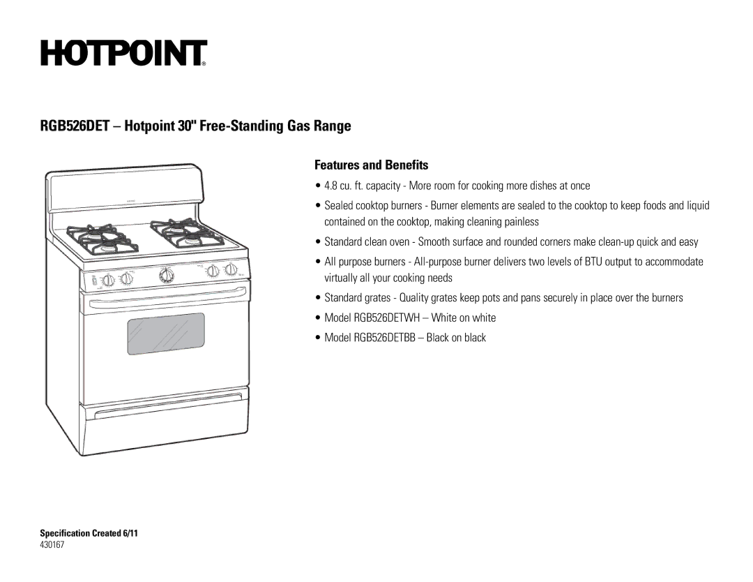 Hotpoint RGB526DET installation instructions Features and Benefits, Specification Created 6/11 