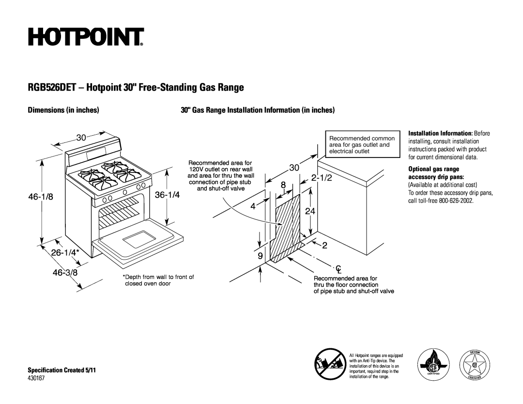 Hotpoint installation instructions RGB526DET - Hotpoint 30 Free-StandingGas Range, 2-1/2, 46-1/8 26-1/4 46-3/8, 36-1/4 