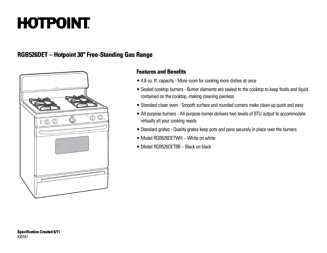 Hotpoint installation instructions RGB526DET - Hotpoint 30 Free-StandingGas Range, Features and Benefits 