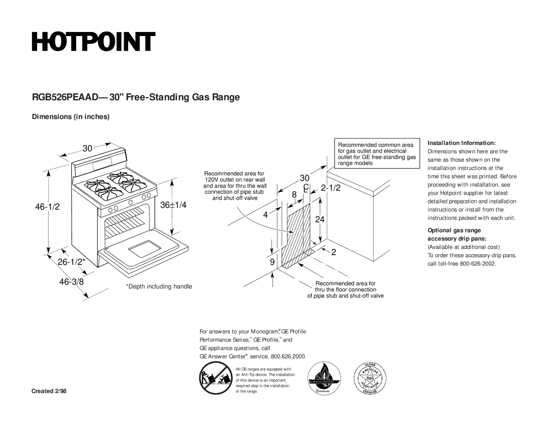 Hotpoint dimensions RGB526PEAAD-30 Free-Standing Gas Range, 46-1/2 26-1/2 36±1/4, 46-3/8 