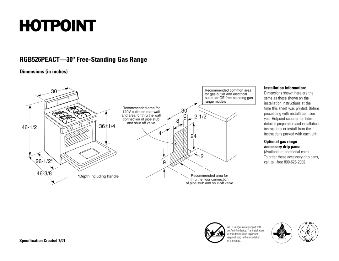 Hotpoint dimensions RGB526PEACT-30 Free-Standing Gas Range, 46-1/2 26-1/2 36± 1/4, 46-3/8, Dimensions in inches 